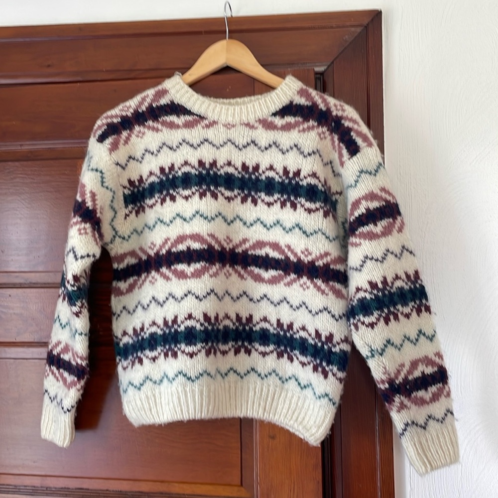 Laura Ashley Cream Fair Isle Knit Sweater with Green and Burgundy Pattern